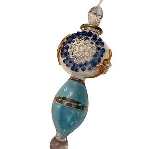 Handblown Blue & White w/Gold Accents Intricate Glass Ornament - delicate & EUC